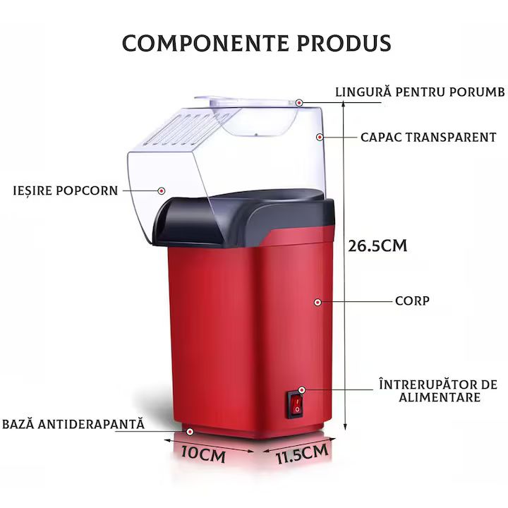 Aparat de Făcut Popcorn cu Aer Cald LEIISVK 1200W – Fără Ulei, Gata în 3 Minute, Roșu