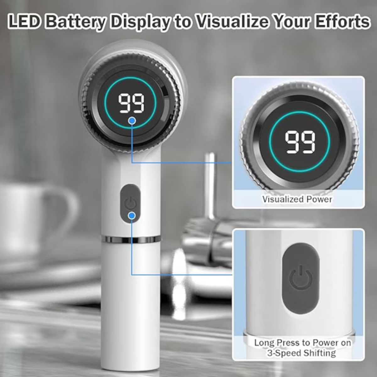 Perie de Curățare Electrică Multifuncțională Casena 5 în 1 – Fără Fir, Display Digital, 3 Viteze, IPX7, Alb