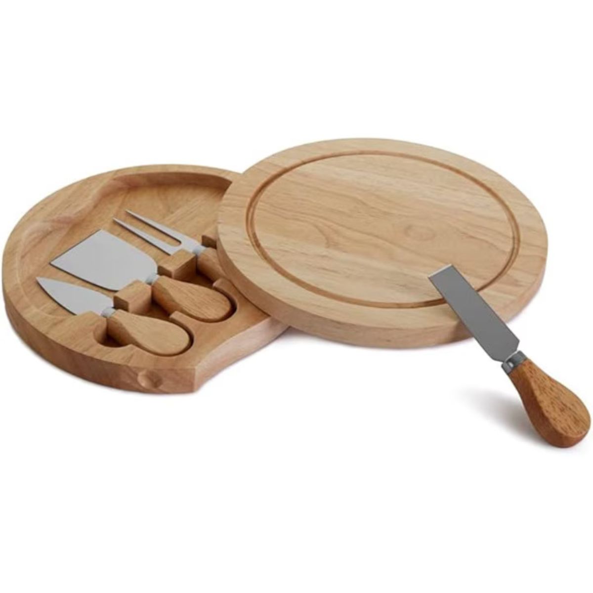 Set de Servire pentru Brânzeturi Casena 5 în 1 – Platou Rotativ din Bambus Lazy Susan, 30 cm, cu 4 Accesorii din Inox