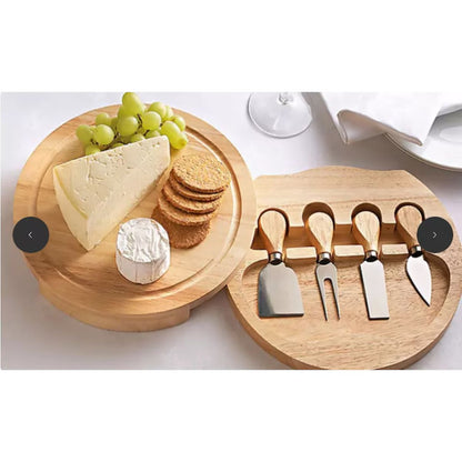Set de Servire pentru Brânzeturi Casena 5 în 1 – Platou Rotativ din Bambus Lazy Susan, 30 cm, cu 4 Accesorii din Inox