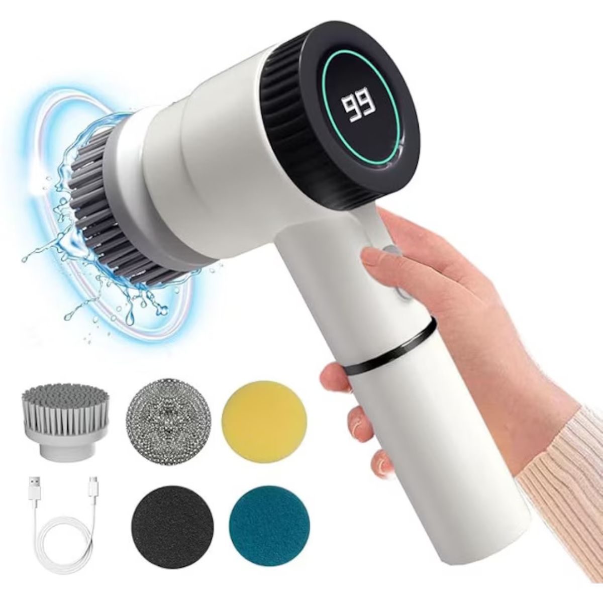Perie de Curățare Electrică Multifuncțională Casena 5 în 1 – Fără Fir, Display Digital, 3 Viteze, IPX7, Alb