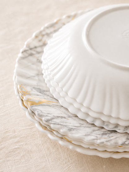 Set Veselă 38 Piese Pentru 6 Persoane, Model Golden Marble, Design Marmurat Cu Auriu, Farfurii, Boluri, Platouri Și Cană