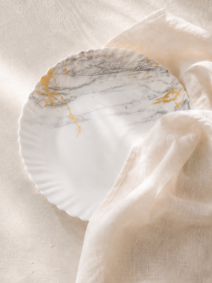Set Veselă 38 Piese Pentru 6 Persoane, Model Golden Marble, Design Marmurat Cu Auriu, Farfurii, Boluri, Platouri Și Cană