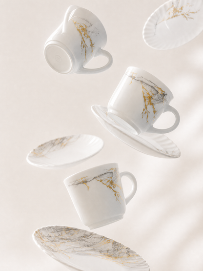Set Veselă 38 Piese Pentru 6 Persoane, Model Golden Marble, Design Marmurat Cu Auriu, Farfurii, Boluri, Platouri Și Cană