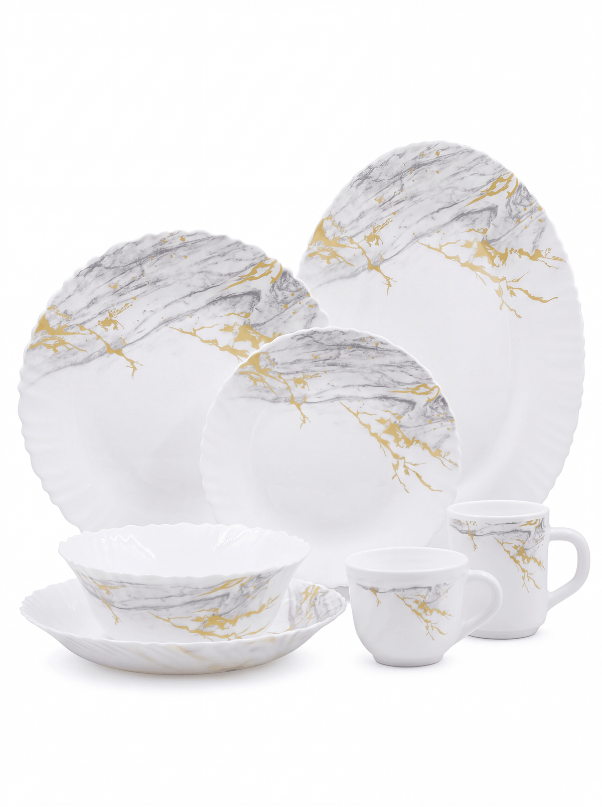 Set Veselă 38 Piese Pentru 6 Persoane, Model Golden Marble, Design Marmurat Cu Auriu, Farfurii, Boluri, Platouri Și Cană