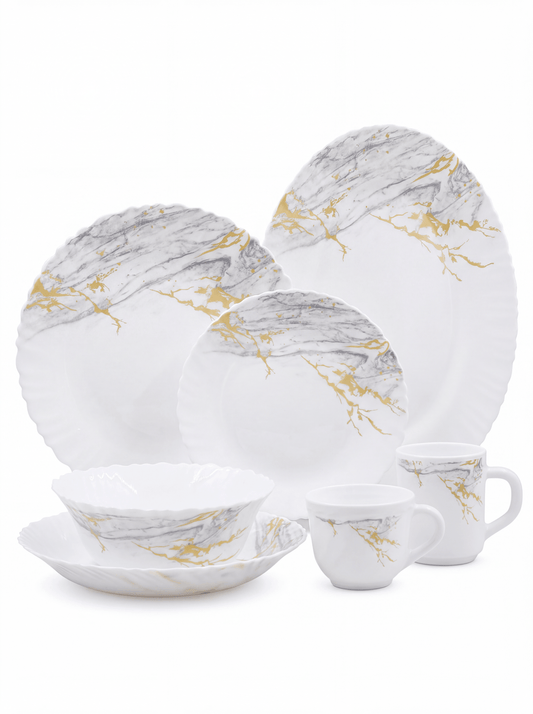 Set Veselă 38 Piese Pentru 6 Persoane, Model Golden Marble, Design Marmurat Cu Auriu, Farfurii, Boluri, Platouri Și Cană