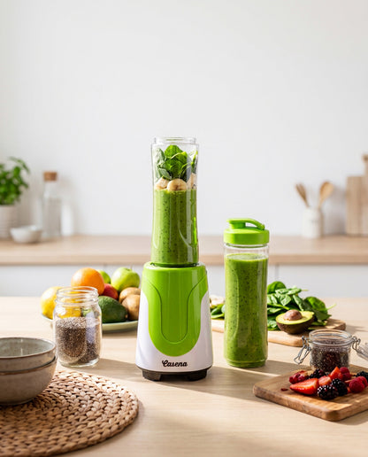 Blender Personal Casena Victor 180W – 2 Recipiente "To-Go" de 600ml, Lamă Inox pentru Gheață, Negru/Argintiu