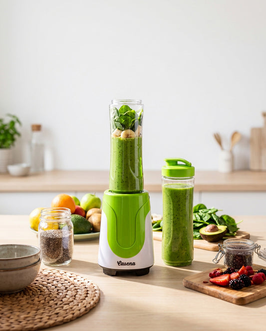 Blender Personal Casena Victor 180W – 2 Recipiente "To-Go" de 600ml, Lamă Inox pentru Gheață, Negru/Argintiu