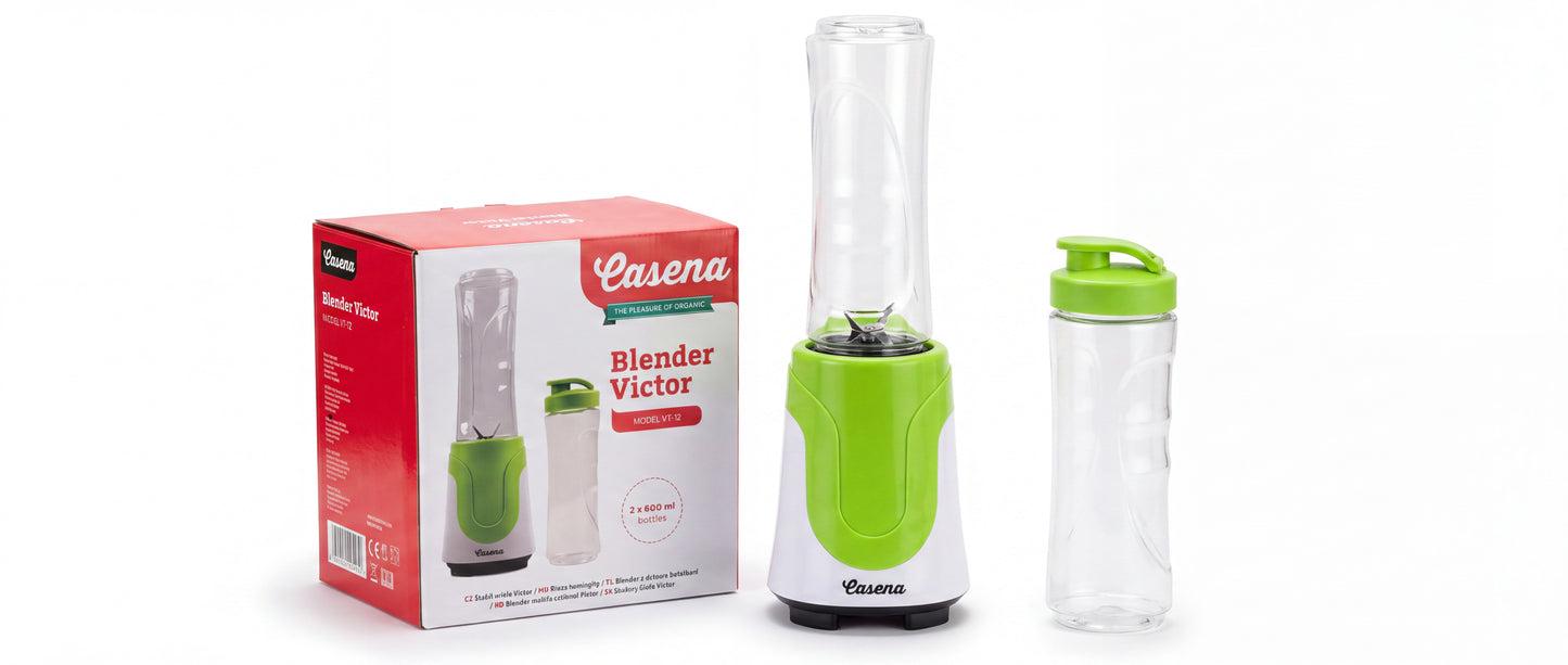 Blender Personal Casena Victor 180W – 2 Recipiente "To-Go" de 600ml, Lamă Inox pentru Gheață, Negru/Argintiu