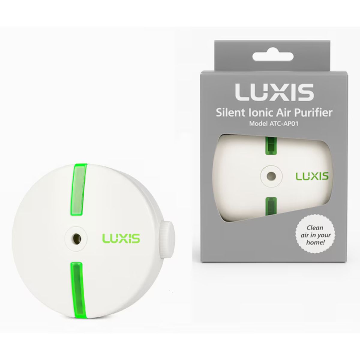 Purificator de Aer Ionic Portabil Luxis ATC-AP01 – Ionizator de Priză, Silențios 26.3 dB, Fără Filtre, 20 m², Alb/Verde