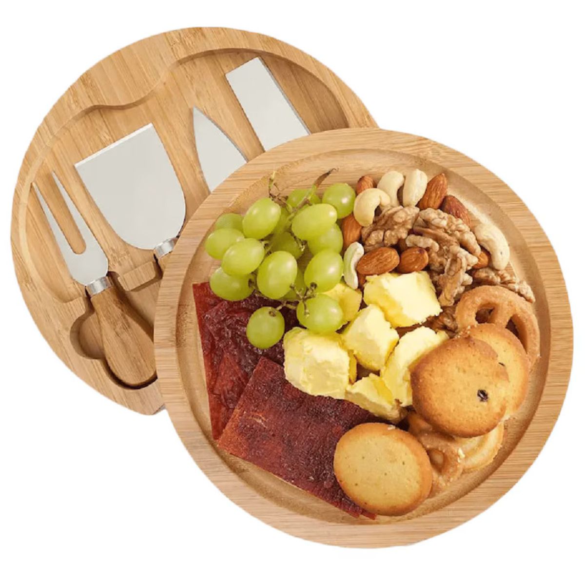 Set de Servire pentru Brânzeturi Casena 5 în 1 – Platou Rotativ din Bambus Lazy Susan, 30 cm, cu 4 Accesorii din Inox