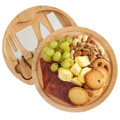 Set de Servire pentru Brânzeturi Casena 5 în 1 – Platou Rotativ din Bambus Lazy Susan, 30 cm, cu 4 Accesorii din Inox
