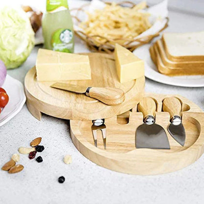 Set de Servire pentru Brânzeturi Casena 5 în 1 – Platou Rotativ din Bambus Lazy Susan, 30 cm, cu 4 Accesorii din Inox