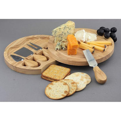 Set de Servire pentru Brânzeturi Casena 5 în 1 – Platou Rotativ din Bambus Lazy Susan, 30 cm, cu 4 Accesorii din Inox