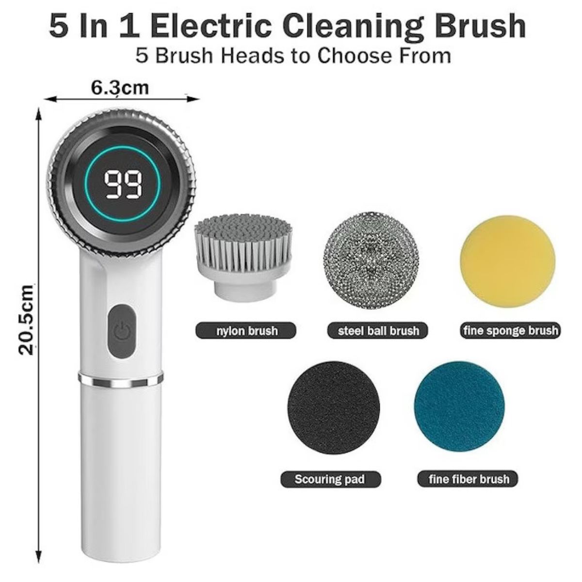 Perie de Curățare Electrică Multifuncțională Casena 5 în 1 – Fără Fir, Display Digital, 3 Viteze, IPX7, Alb