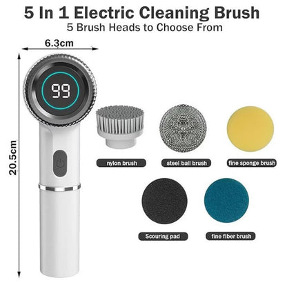 Perie de Curățare Electrică Multifuncțională Casena 5 în 1 – Fără Fir, Display Digital, 3 Viteze, IPX7, Alb